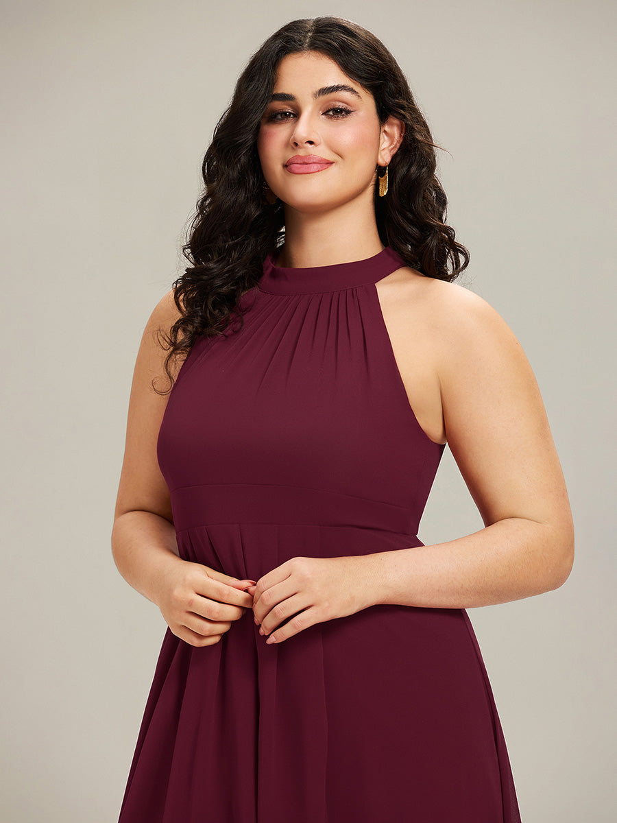 Robe d'invité de mariage mi-longue sans manches et col licou en mousseline de soie #Couleur_Bordeaux