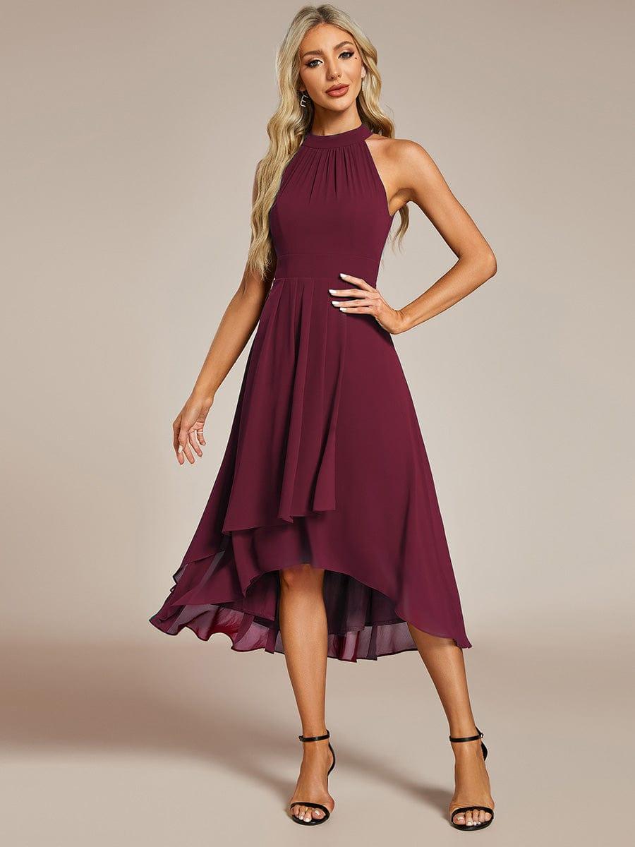 Robe d'invité de mariage mi-longue sans manches et col licou en mousseline de soie #Couleur_Bordeaux