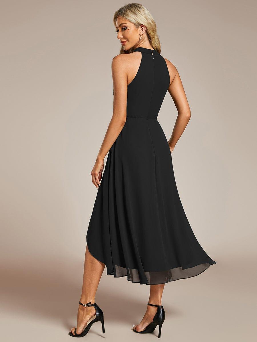 Robe d'invité de mariage mi-longue sans manches et col licou en mousseline de soie #Couleur_Noir