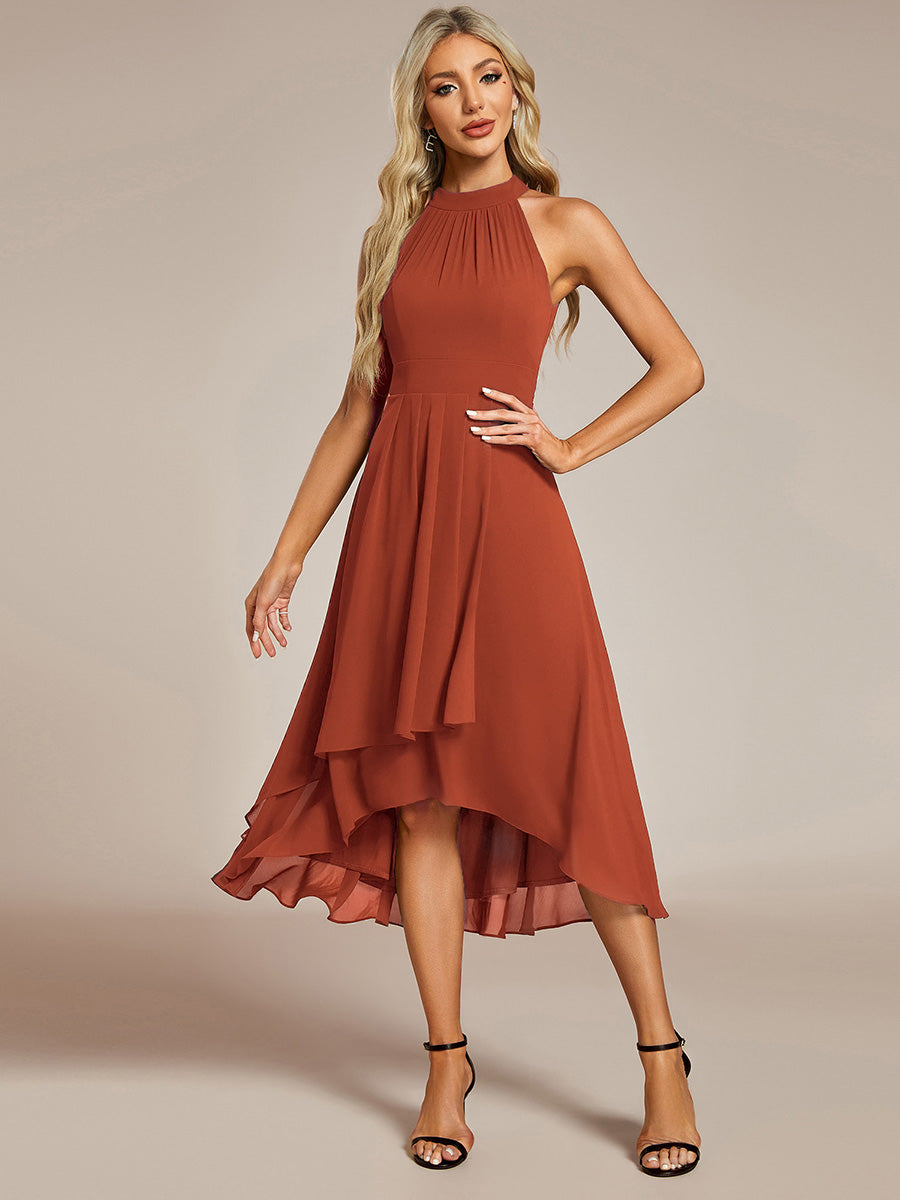 Robe d'invité de mariage mi-longue sans manches et col licou en mousseline de soie #Couleur_Burnt Orange