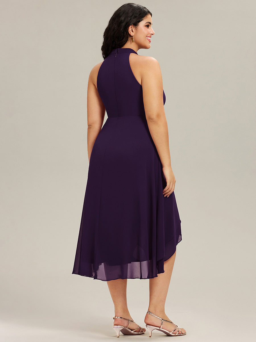 Robe d'invité de mariage mi-longue sans manches et col licou en mousseline de soie #Couleur_Violet Fonce