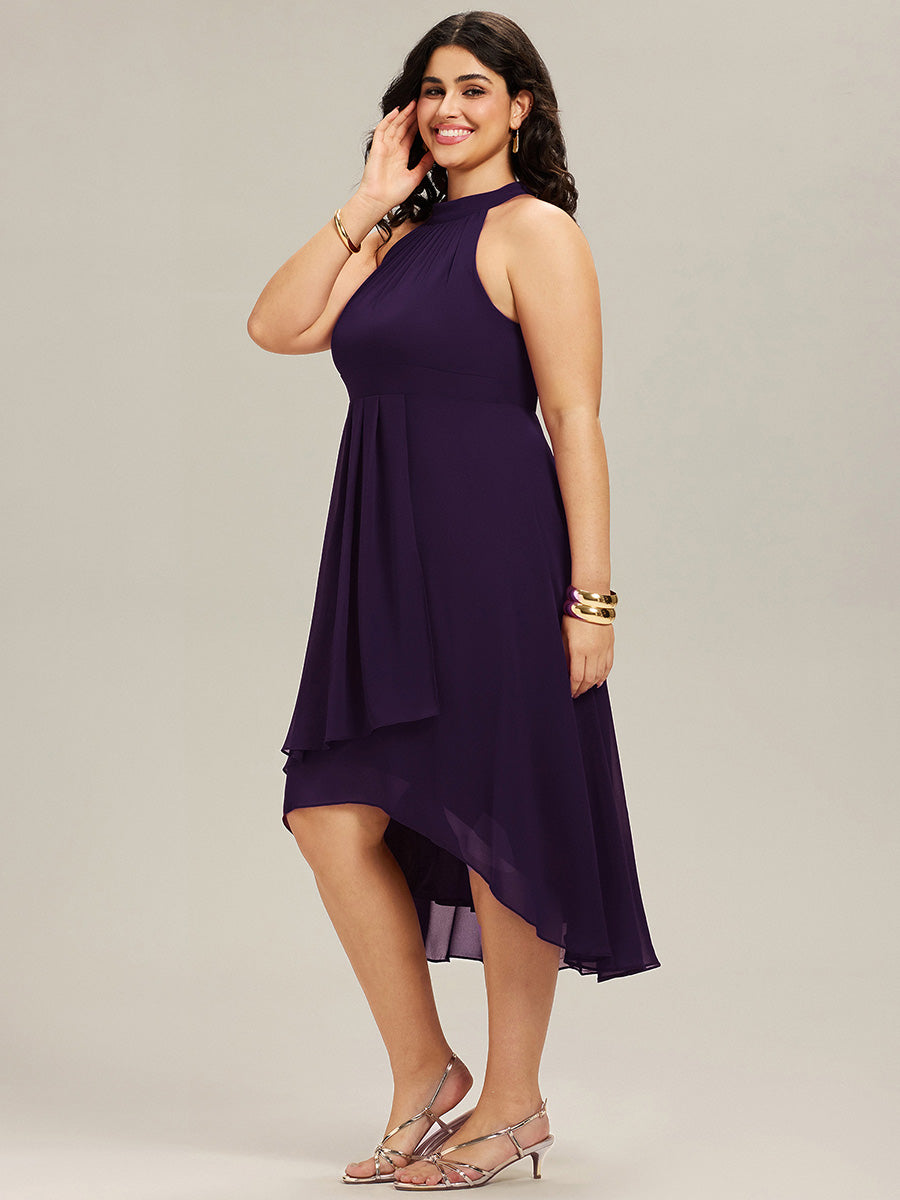 Robe d'invité de mariage mi-longue sans manches et col licou en mousseline de soie #Couleur_Violet Fonce