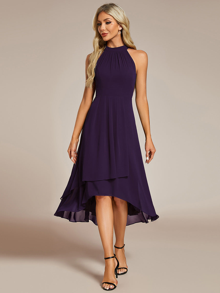 Robe d'invité de mariage mi-longue sans manches et col licou en mousseline de soie #Couleur_Violet Fonce
