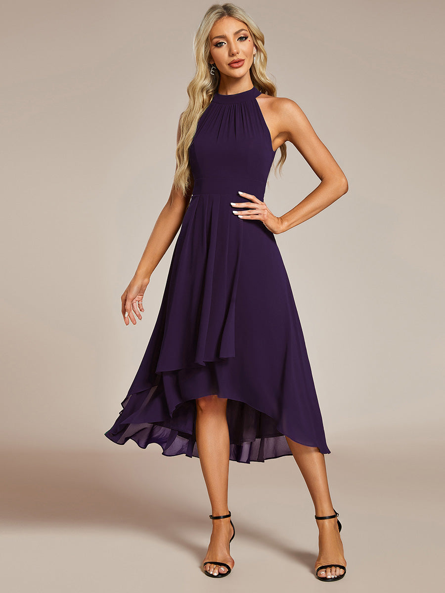 Robe d'invité de mariage mi-longue sans manches et col licou en mousseline de soie #Couleur_Violet Fonce