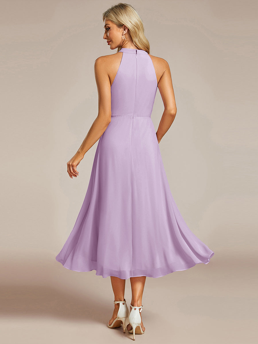Robe d'invité de mariage mi-longue sans manches et col licou en mousseline de soie #Couleur_FL