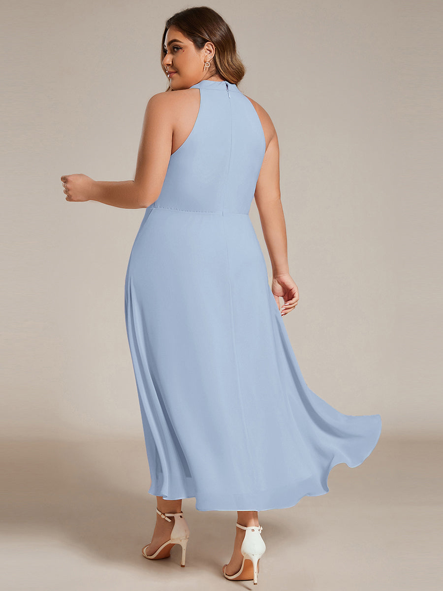 Robe d'invité de mariage mi-longue sans manches et col licou en mousseline de soie #Couleur_Bleu Glace
