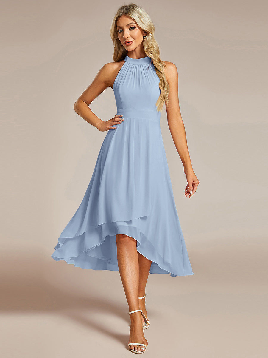 Robe d'invité de mariage mi-longue sans manches et col licou en mousseline de soie #Couleur_Bleu Glace