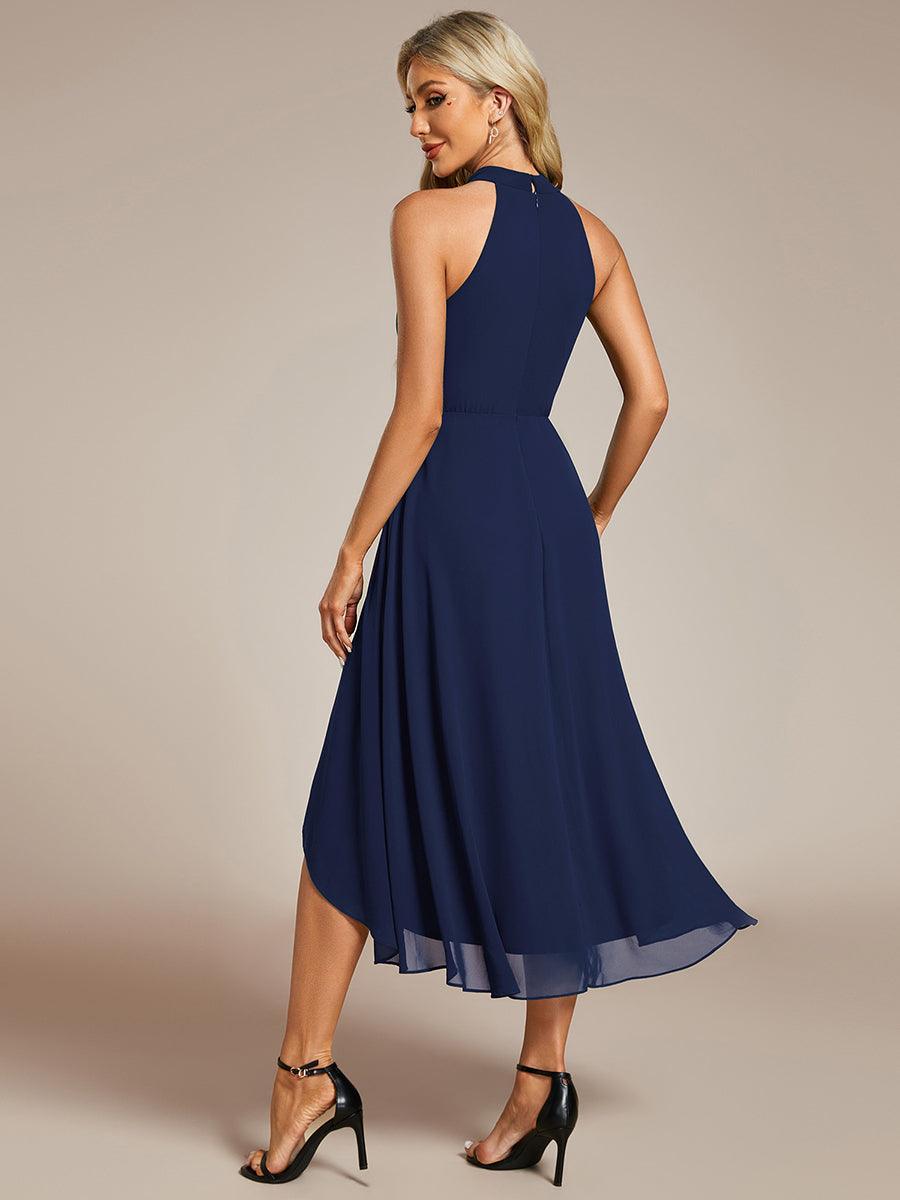Robe d'invité de mariage mi-longue sans manches et col licou en mousseline de soie #Couleur_Bleu Marine