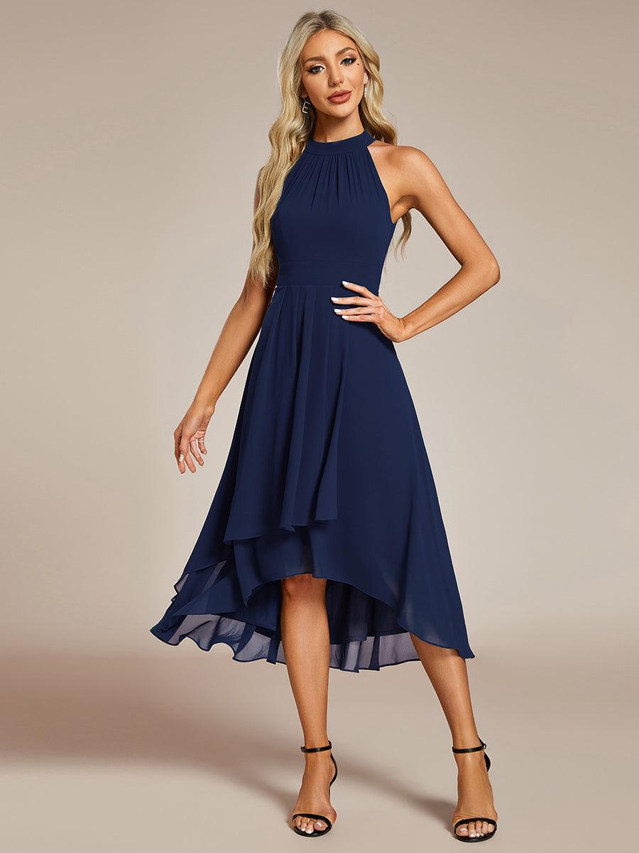 Robe d'invité de mariage mi-longue sans manches et col licou en mousseline de soie #Couleur_Bleu Marine