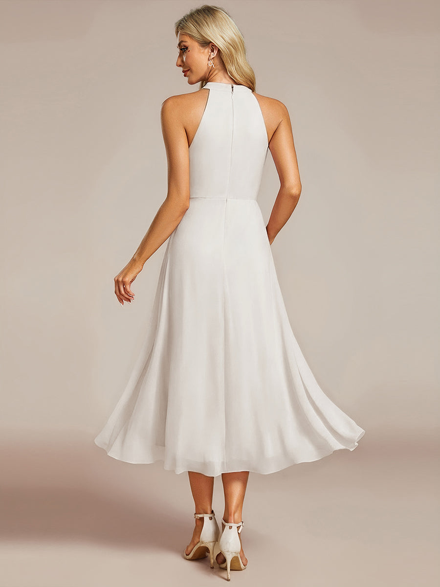 Robe d'invité de mariage mi-longue sans manches et col licou en mousseline de soie #Couleur_Blanc