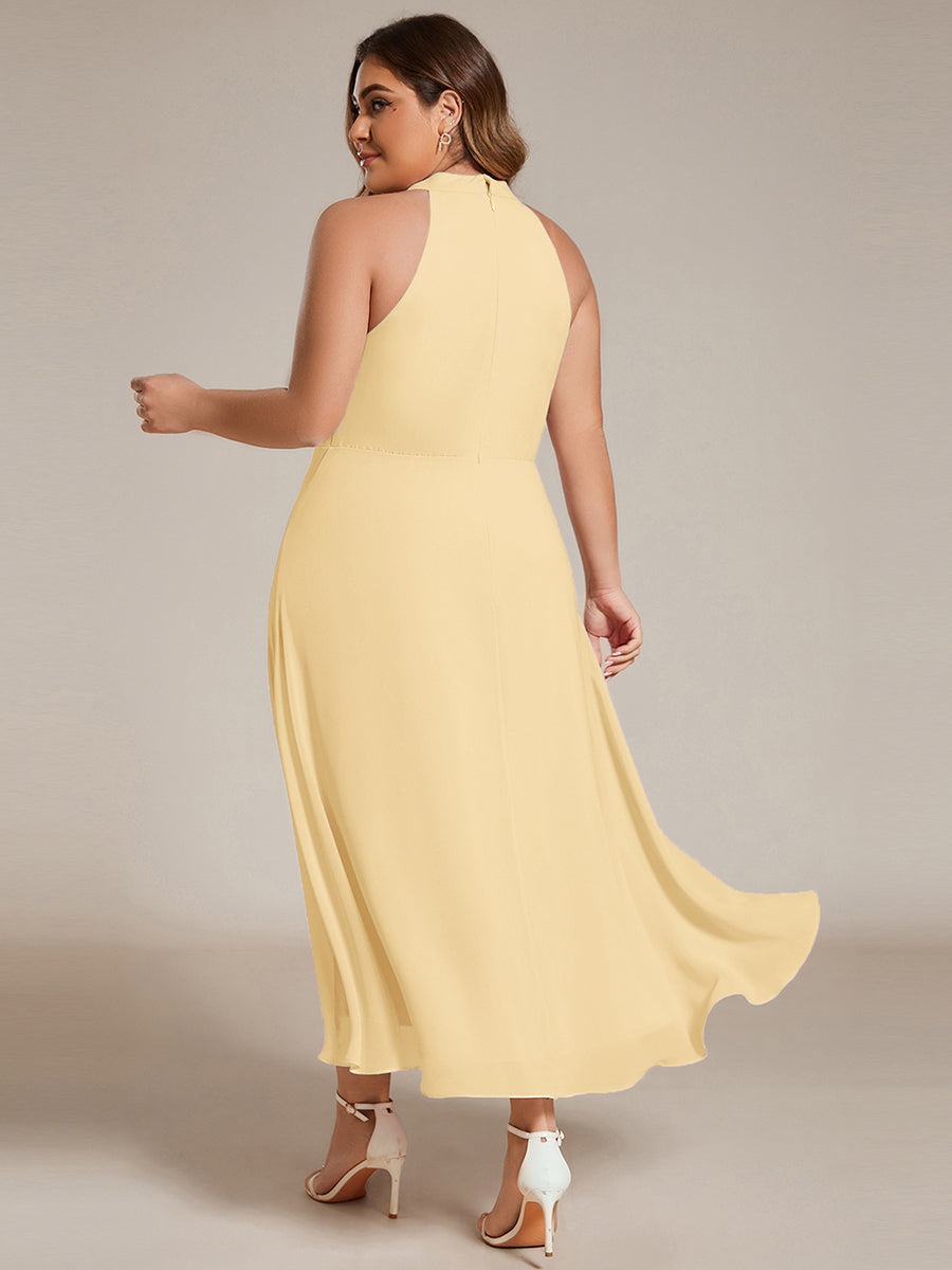 Robe d'invité de mariage mi-longue sans manches et col licou en mousseline de soie #Couleur_Jaune