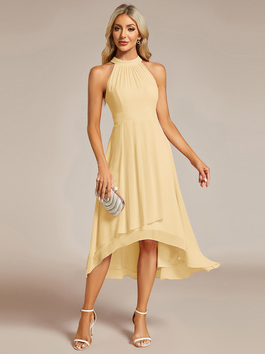 Robe d'invité de mariage mi-longue sans manches et col licou en mousseline de soie #Couleur_Jaune