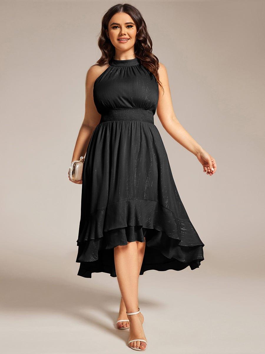Robe d'invité de mariage plissée à volants haut-bas scintillante à col licou #Couleur_Noir