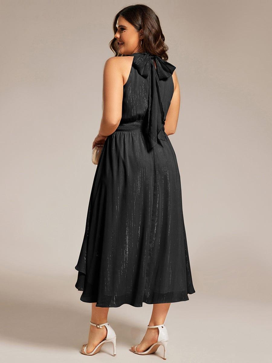 Robe d'invité de mariage plissée à volants haut-bas scintillante à col licou #Couleur_Noir