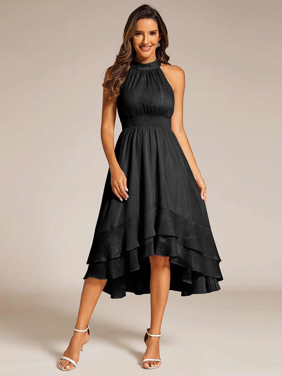 Robe d'invité de mariage plissée à volants haut-bas scintillante à col licou #Couleur_Noir