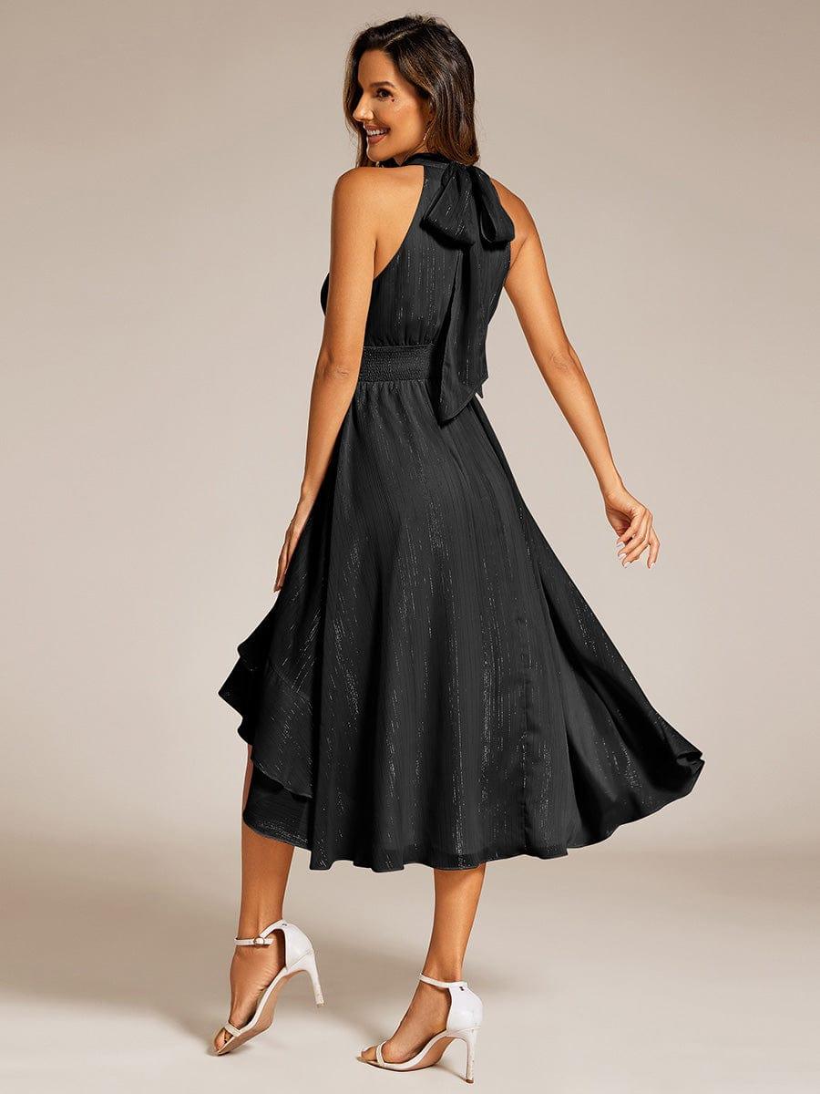 Robe d'invité de mariage plissée à volants haut-bas scintillante à col licou #Couleur_Noir