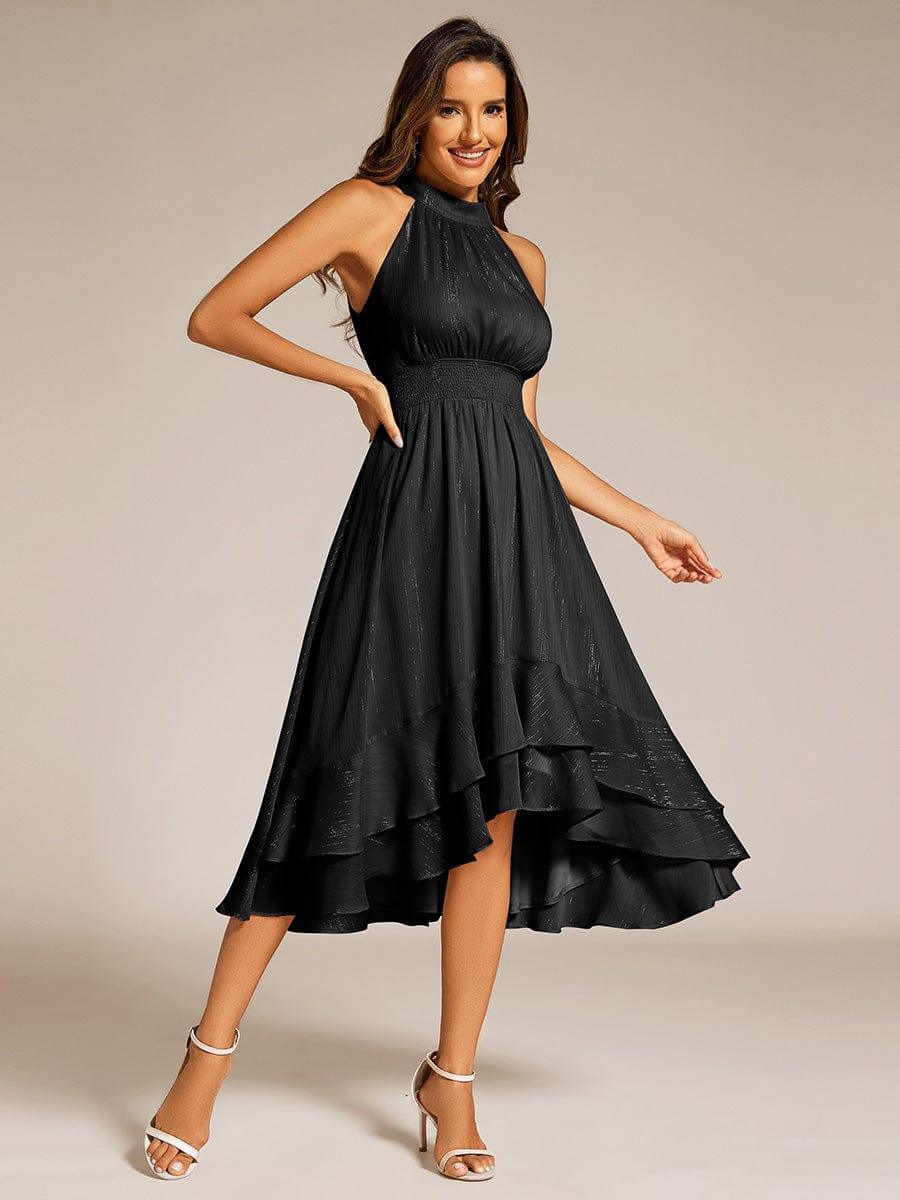 Robe d'invité de mariage plissée à volants haut-bas scintillante à col licou #Couleur_Noir