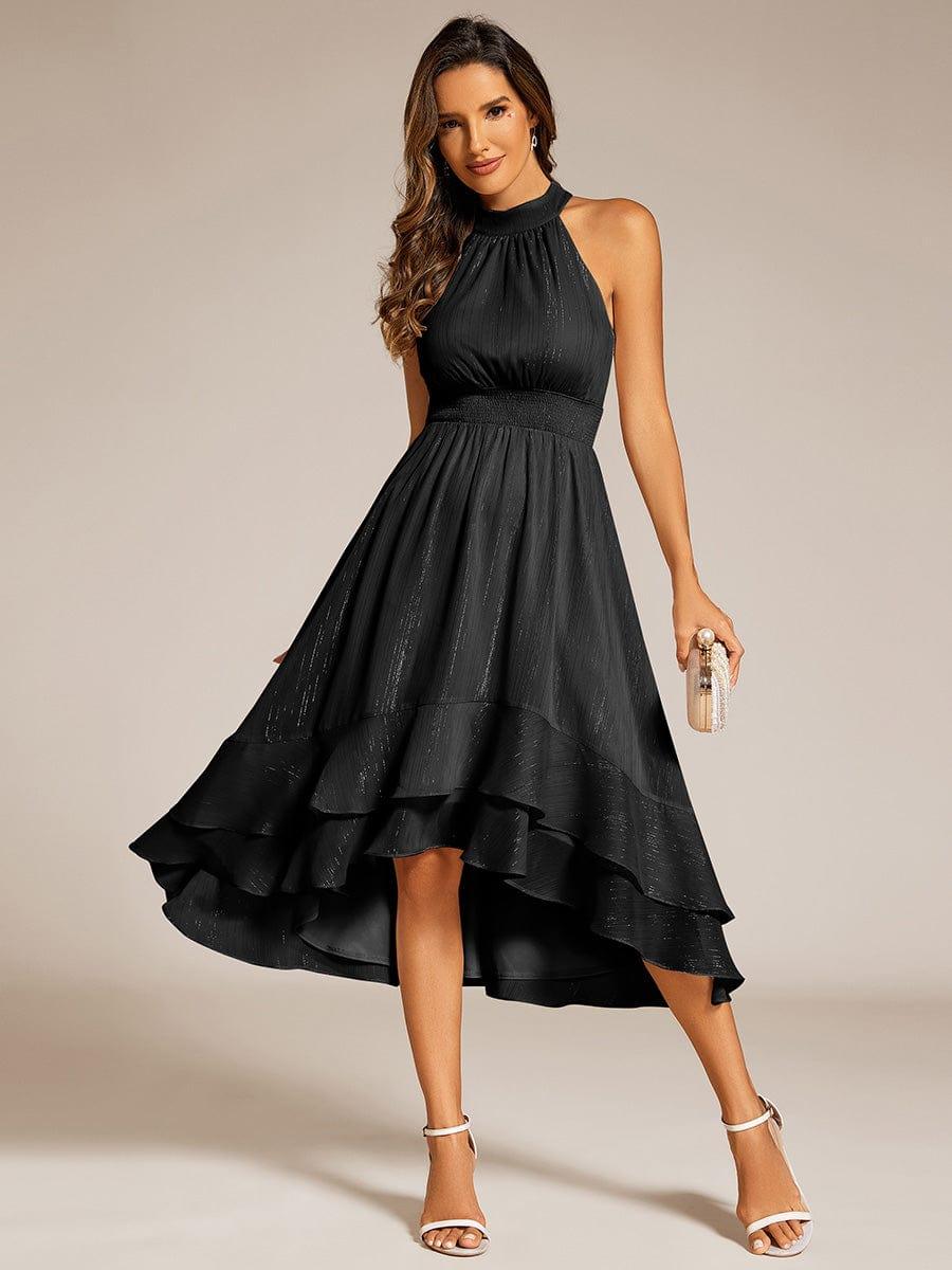 Robe d'invité de mariage plissée à volants haut-bas scintillante à col licou #Couleur_Noir