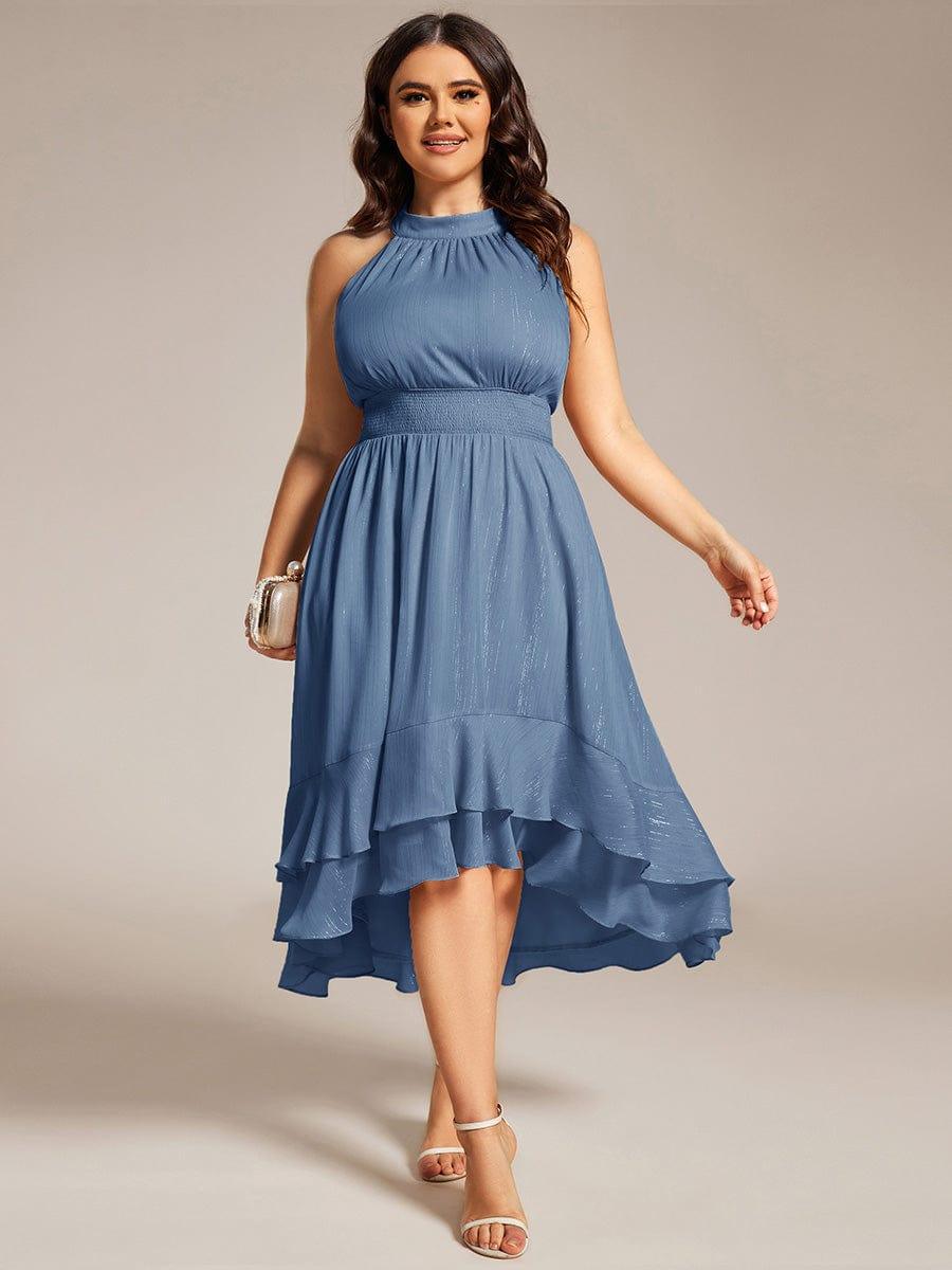 Robe d'invité de mariage plissée à volants haut-bas scintillante à col licou #Couleur_Marine Fume