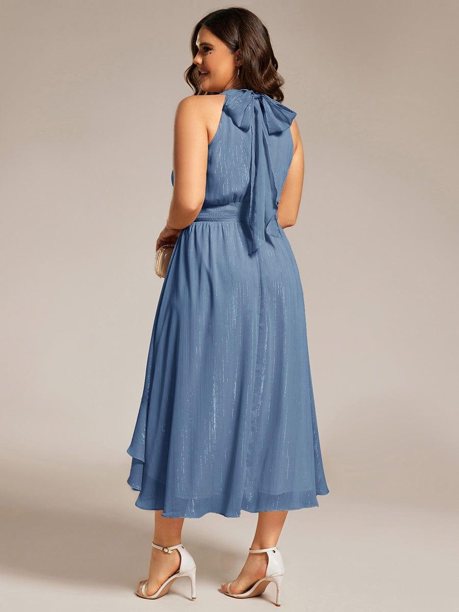 Robe d'invité de mariage plissée à volants haut-bas scintillante à col licou #Couleur_Marine Fume