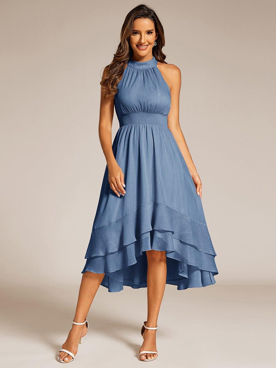 Robe d'invité de mariage plissée à volants haut-bas scintillante à col licou #Couleur_Marine Fume