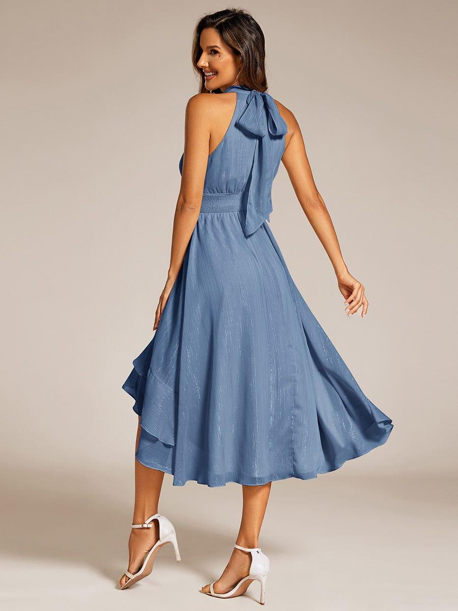 Robe d'invité de mariage plissée à volants haut-bas scintillante à col licou #Couleur_Marine Fume
