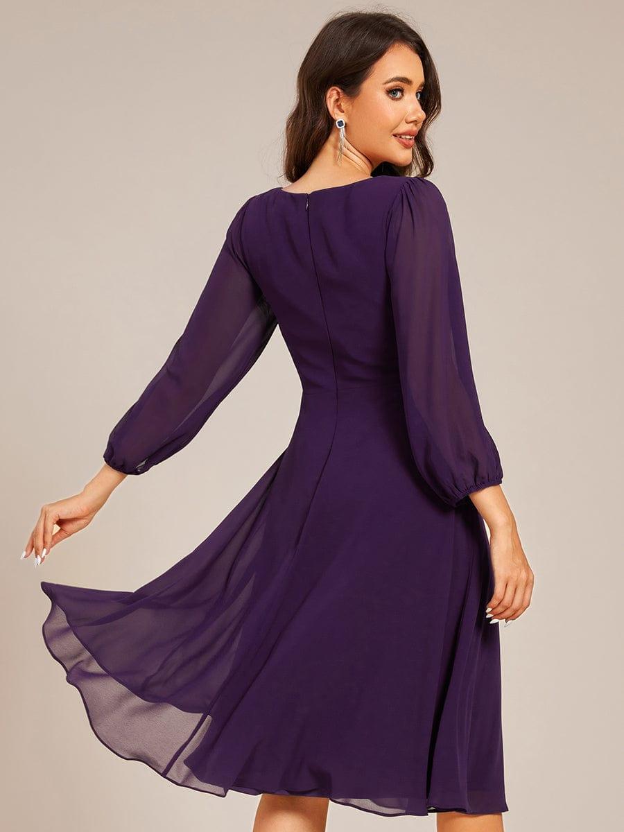 Robe d'invitée de mariage mi-longue plissée à manches longues en mousseline de soiev #Couleur_Violet Fonce