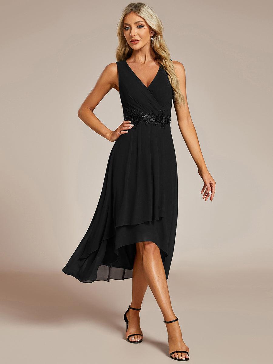 Robe d'invité de mariage haute-basse en mousseline de soie sans manches avec applique à la taille #Couleur_Noir