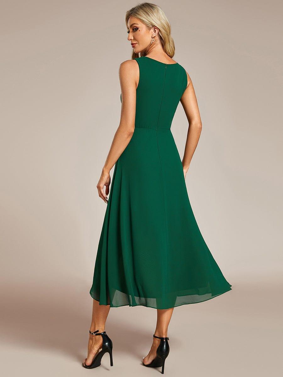 Robe d'invité de mariage haute-basse en mousseline de soie sans manches avec applique à la taille #Couleur_Vert Fonce