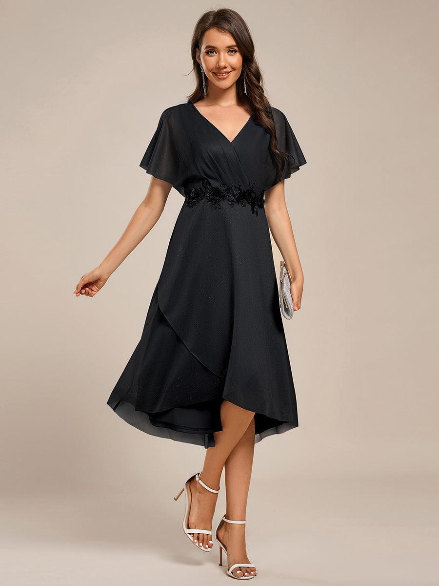 Robe mi-longue asymétrique à manches chauve-souris et appliques scintillantes #Couleur_Noir