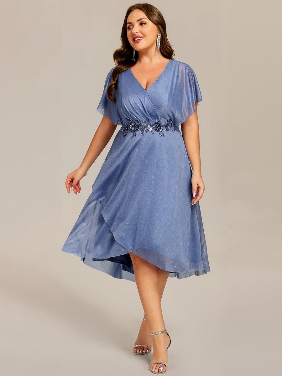 Robe mi-longue asymétrique à manches chauve-souris et appliques scintillantes #Couleur_Marine Fume