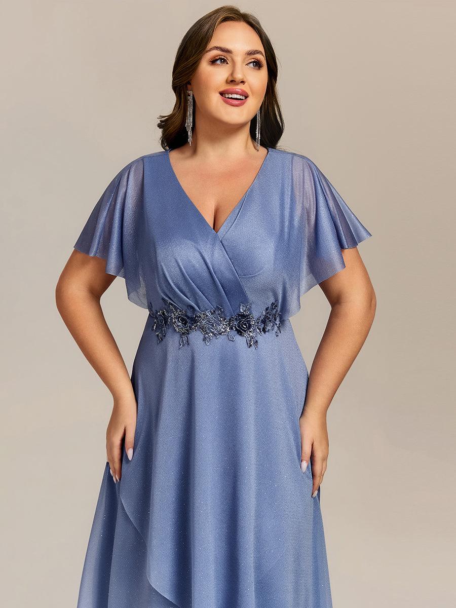 Robe mi-longue asymétrique à manches chauve-souris et appliques scintillantes #Couleur_Marine Fume
