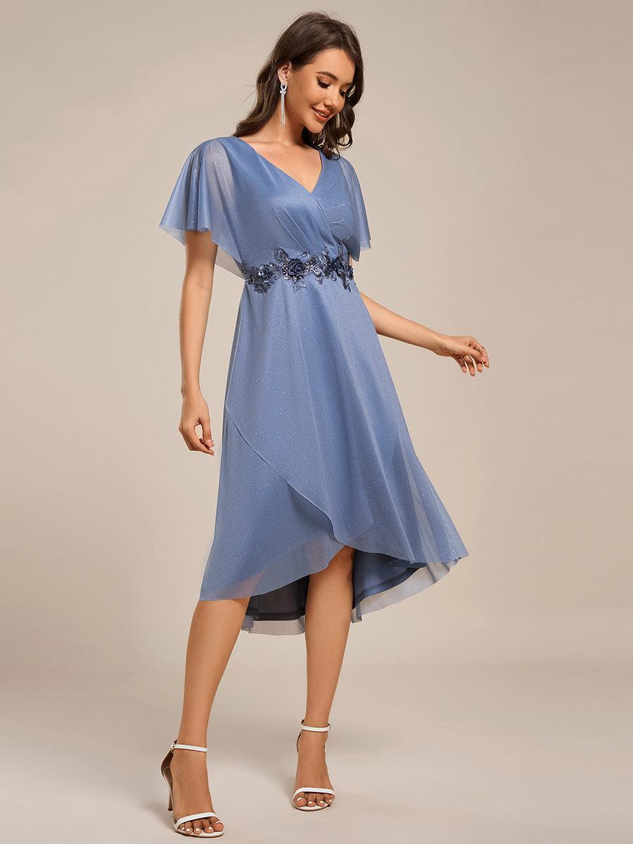 Robe mi-longue asymétrique à manches chauve-souris et appliques scintillantes #Couleur_Marine Fume