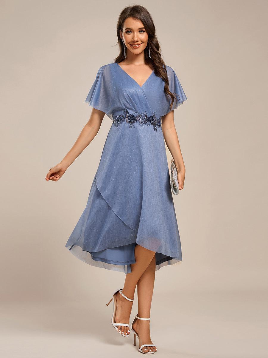 Robe mi-longue asymétrique à manches chauve-souris et appliques scintillantes #Couleur_Marine Fume