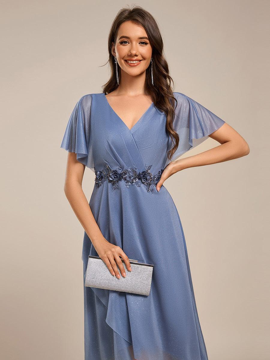 Robe mi-longue asymétrique à manches chauve-souris et appliques scintillantes #Couleur_Marine Fume
