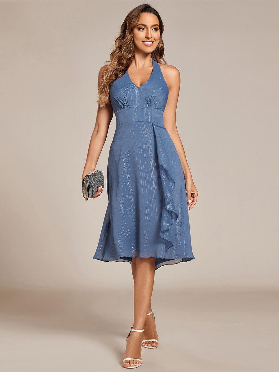 Robe d'invité de mariage dos nu sans manches avec nœud licou scintillant et col en V #Couleur_Marine Fume
