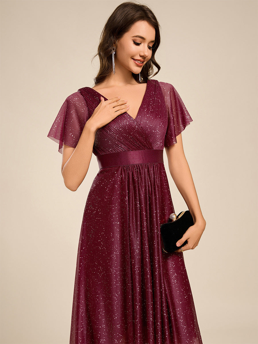 Robe d'invitée de mariage mi-longue plissée à manches courtes et col en V #Couleur_Bordeaux