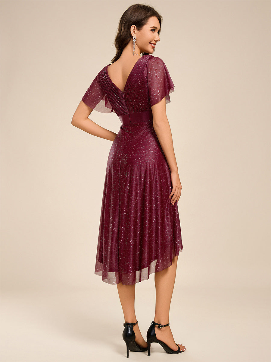 Robe d'invitée de mariage mi-longue plissée à manches courtes et col en V #Couleur_Bordeaux