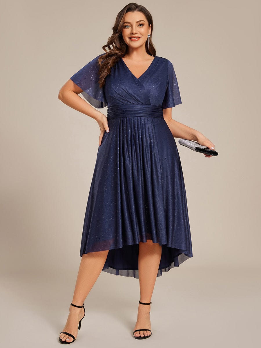 Robe D'invité De Mariage En Mousseline De Soie Mi-Longue Plissée à Manches à Volants Et Col En V #Couleur_Bleu Marine