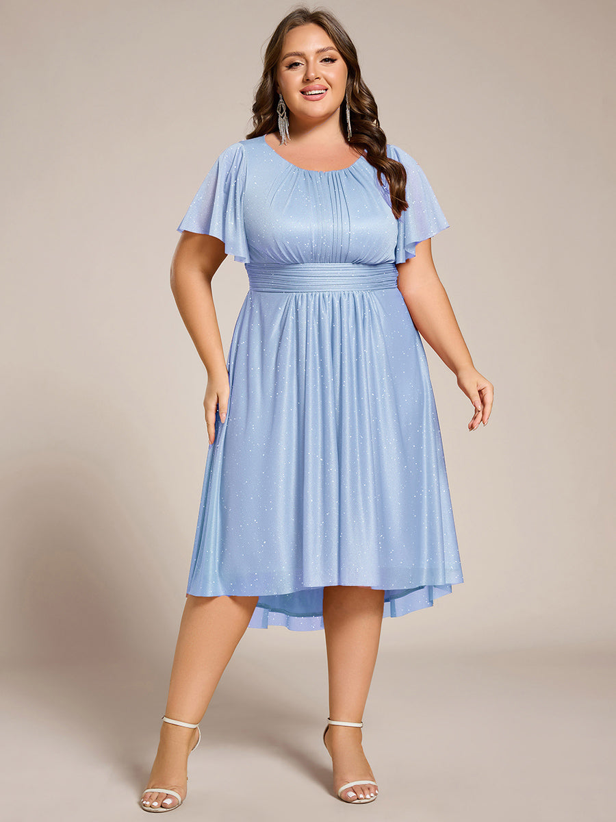 Robe d'invitée de mariage mi-longue à col rond et paillettes #Couleur_Bleu Glace