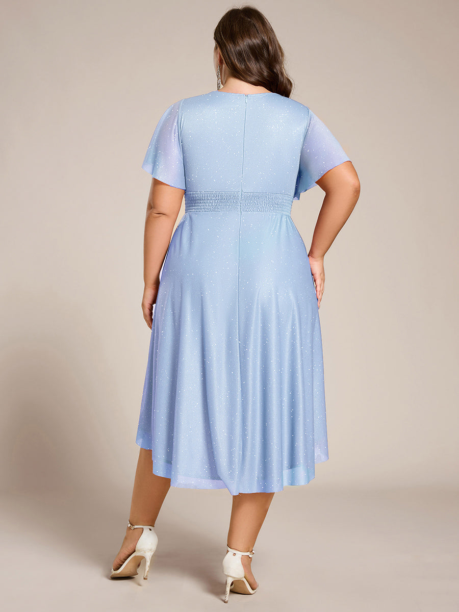 Robe d'invitée de mariage mi-longue à col rond et paillettes #Couleur_Bleu Glace
