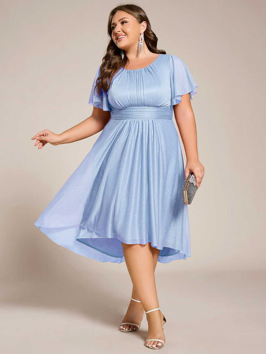 Robe d'invitée de mariage mi-longue à col rond et paillettes #Couleur_Bleu Glace