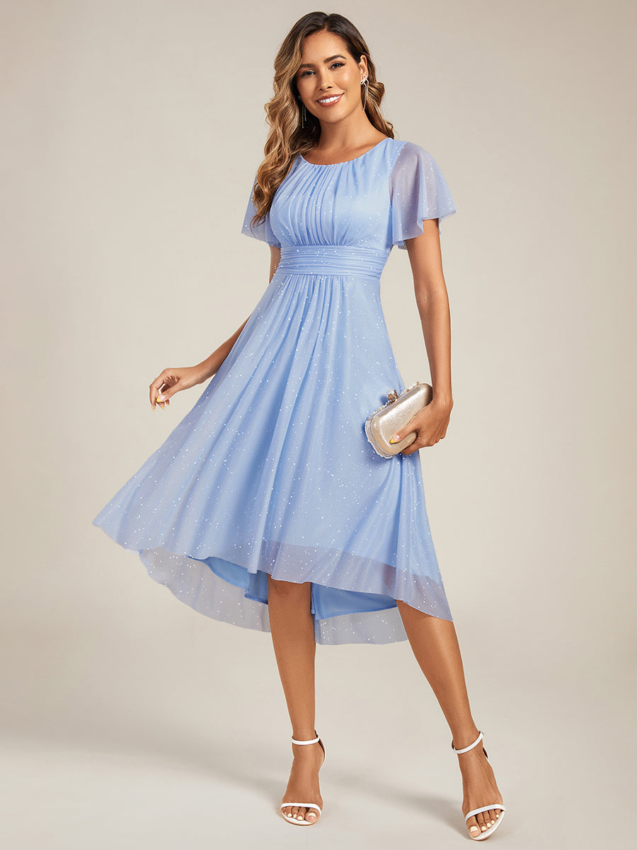 Robe d'invitée de mariage mi-longue à col rond et paillettes #Couleur_Bleu Glace