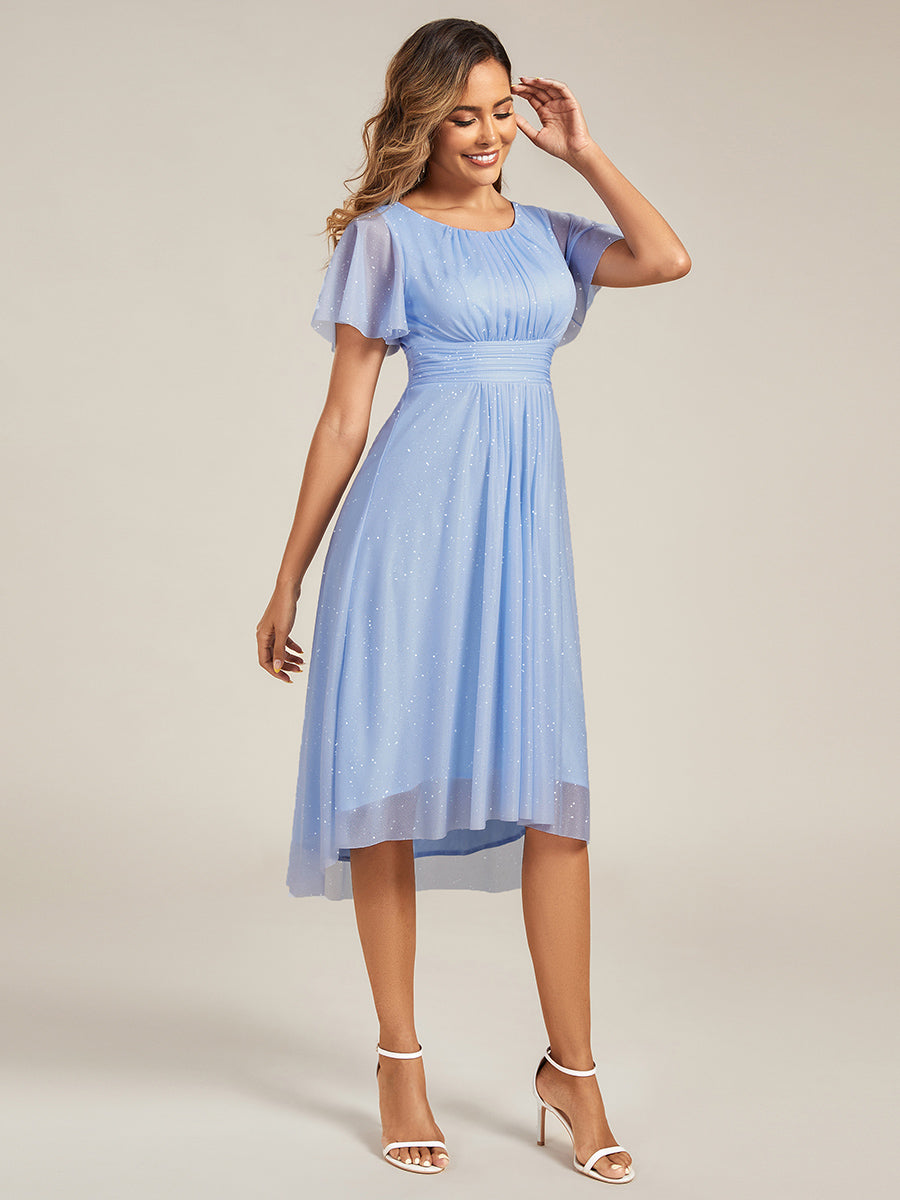 Robe d'invitée de mariage mi-longue à col rond et paillettes #Couleur_Bleu Glace