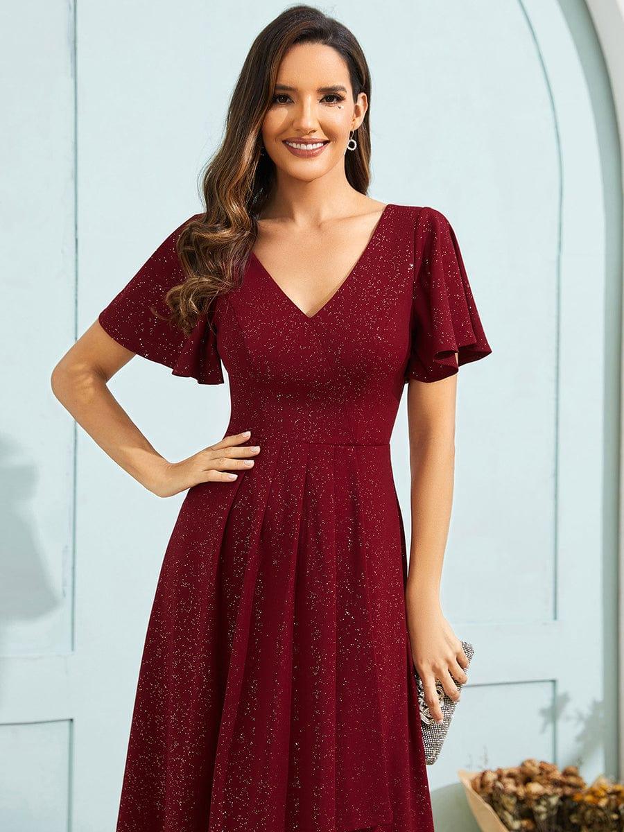 Robe d'invité de mariage à paillettes col en V manches à volants #Couleur_Bordeaux