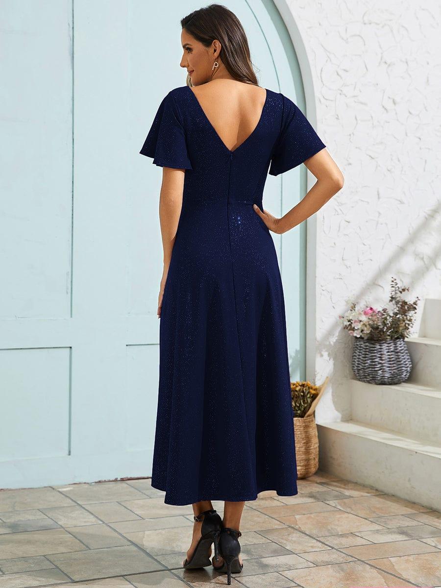 Robe d'invité de mariage à paillettes col en V manches à volants #Couleur_Bleu Marine