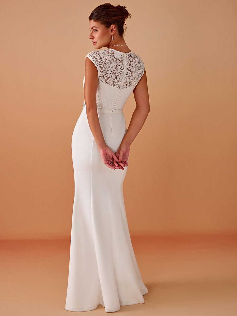 Robe de mariée style sirène simple à mancherons #Couleur_Creme