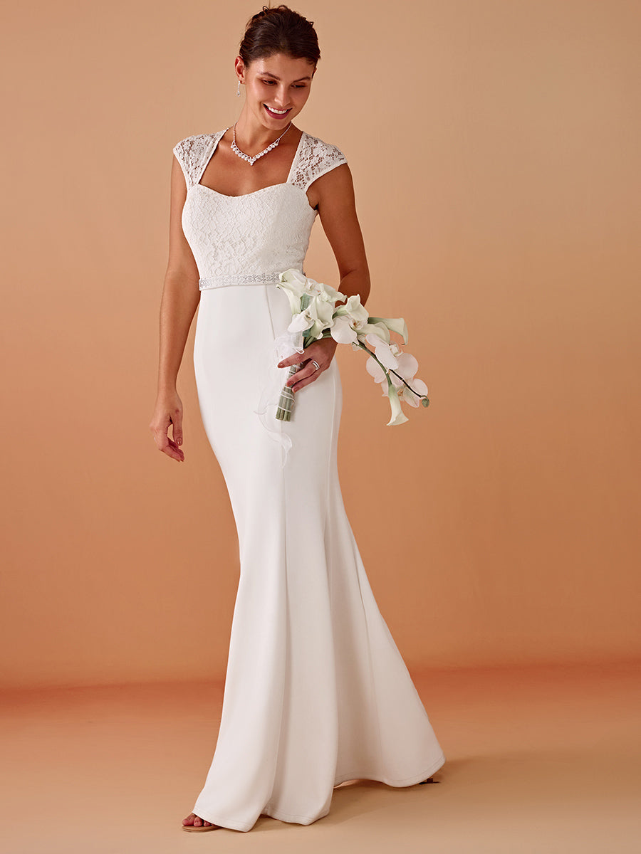 Robe de mariée style sirène simple à mancherons #Couleur_Creme