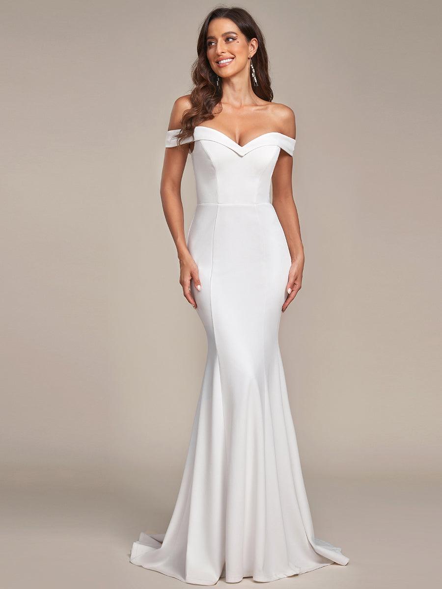 Robe de mariée sirène de couleur unie à épaules dénudées #Couleur_Creme
