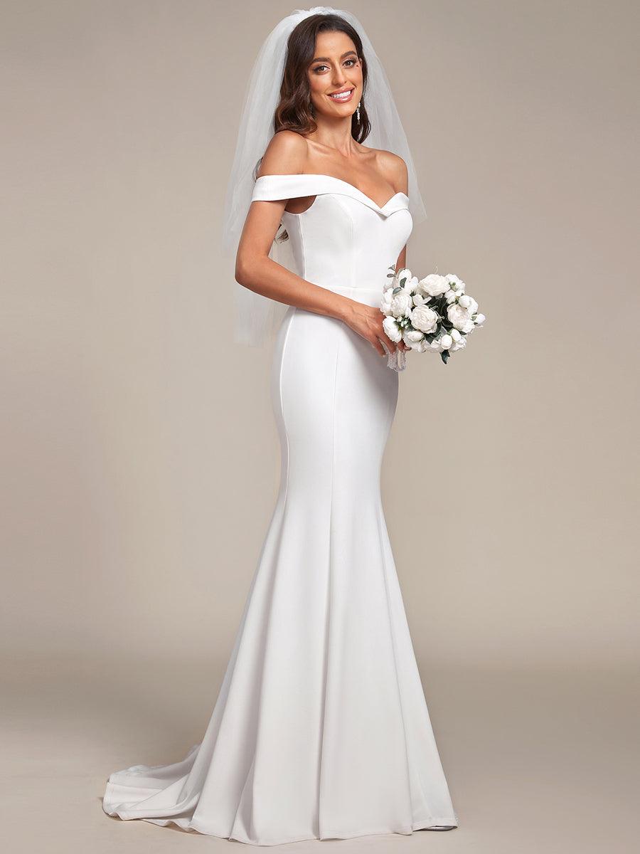 Robe de mariée sirène de couleur unie à épaules dénudées #Couleur_Creme